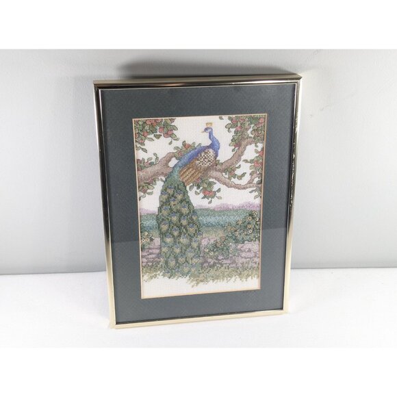 Vintage cross stitch wall art peacock in apple tree framed and behind glass, - Picture 6 of 10